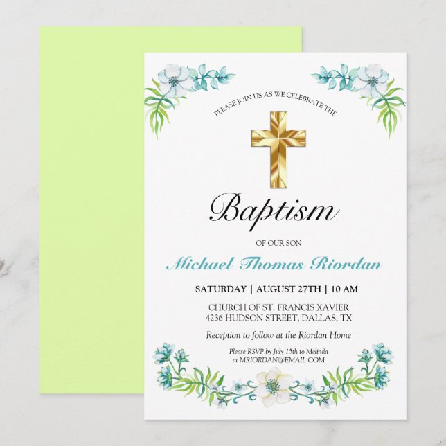 Elegant Gold Cross Boy's Green Baptism Invitation (Front/Back)