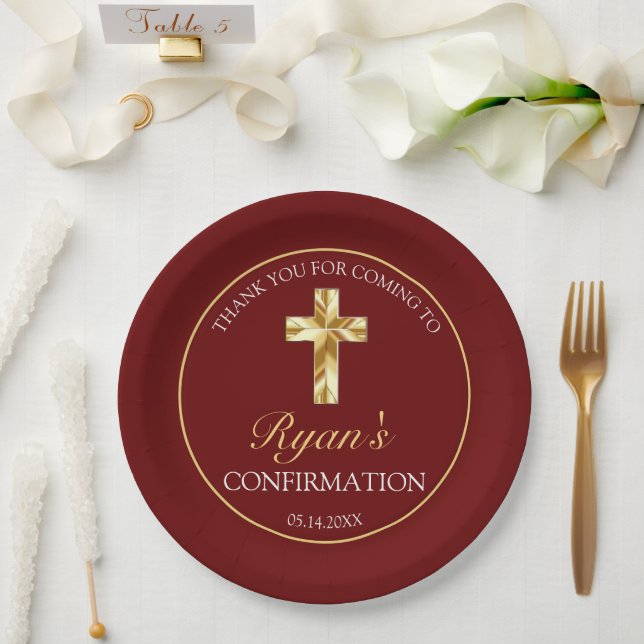 Elegant Gold Cross Burgundy Confirmation Reception Paper Plates (Wedding)