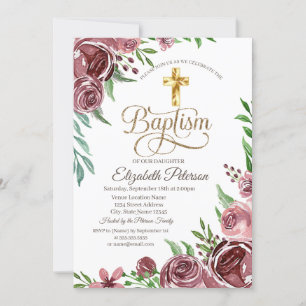 Elegant Gold Cross Burgundy Roses Baptism Invitation