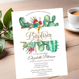 Elegant Gold Cross Cactus Polka Dots Invitation