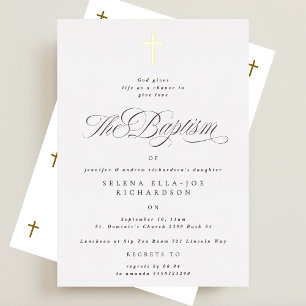Elegant Gold Cross Calligraphy Baptism Foil Invitation