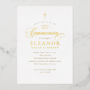 Elegant Gold Cross Calligraphy First Communion Foil Invitation