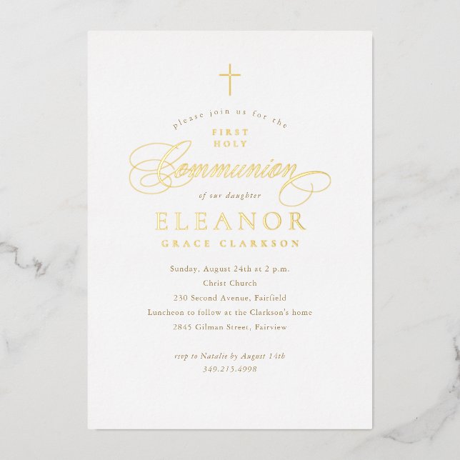 Elegant Gold Cross Calligraphy First Communion Foil Invitation (Front)