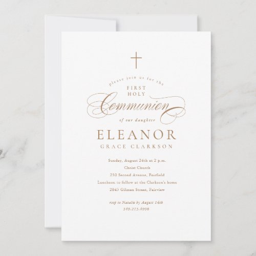 Elegant Gold Cross Calligraphy First Communion Invitation