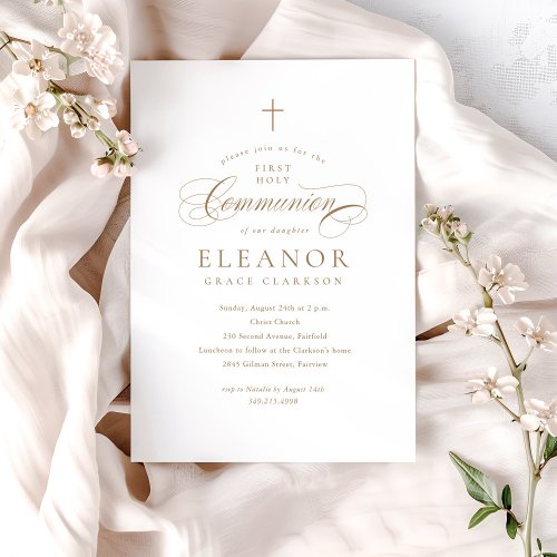 Elegant Gold Cross Calligraphy First Communion Invitation