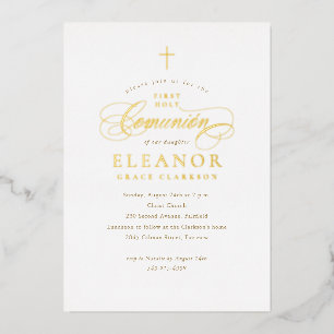 Elegant Gold Cross Calligraphy First Comunión Foil Invitation