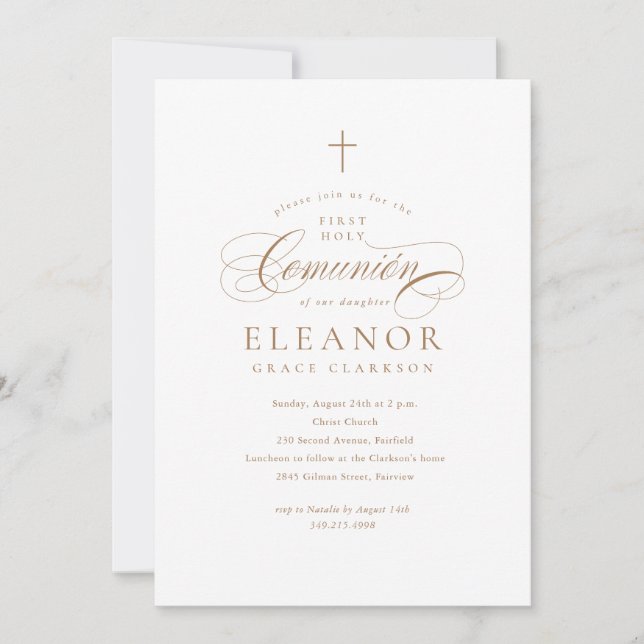 Elegant Gold Cross Calligraphy First Comunión Invitation (Front)