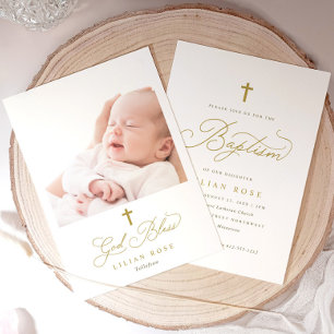 Elegant Gold Cross Calligraphy Photo Baptism Invitation