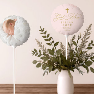 Elegant Gold Cross Calligraphy Photo Pink Baptism Balloon