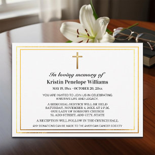 Elegant Gold Cross Celebration Of Life Funeral Invitation