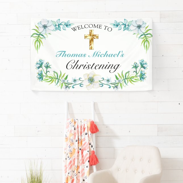 Elegant Gold Cross Christening Reception Welcome  Banner (Insitu)