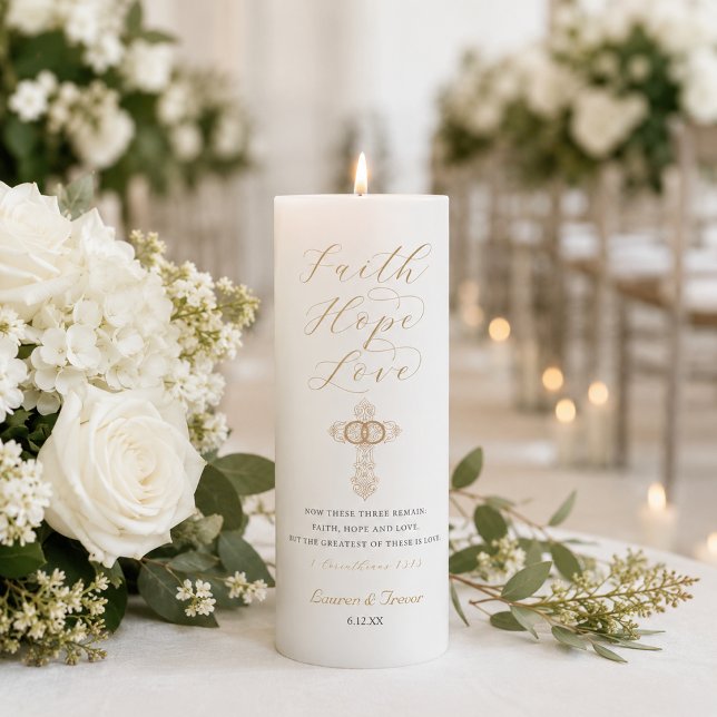 Elegant Gold Cross Christian Wedding Unity Candle (Faith, Hope, Love Wedding Candle)