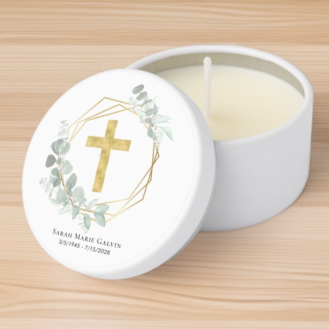 Elegant Gold Cross Eucalyptus Funeral Memorial Mini Candle Favors (Creator Uploaded)