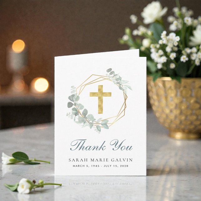 Elegant Gold Cross Eucalyptus Funeral Thank You Card (Elegant Gold Cross Eucalyptus Funeral Thank You Card)