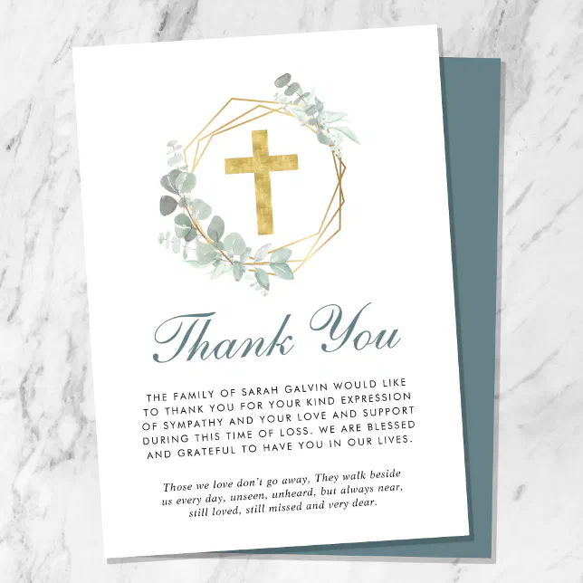 Elegant Gold Cross Eucalyptus Funeral Thank You Card | Zazzle