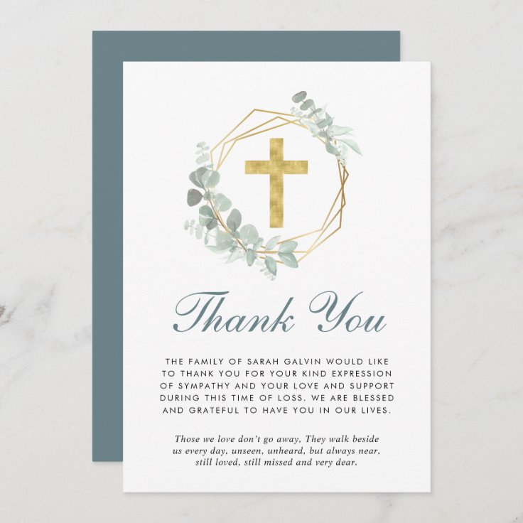Elegant Gold Cross Eucalyptus Funeral Thank You Card | Zazzle