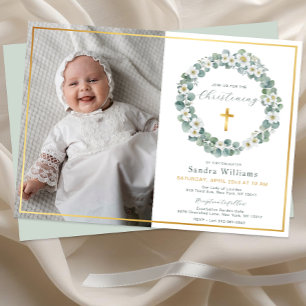 Elegant Gold Cross Eucalyptus Greenery Photo Invitation