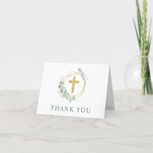 Elegant Gold Cross Eucalyptus Photo Baptism Thank You Card