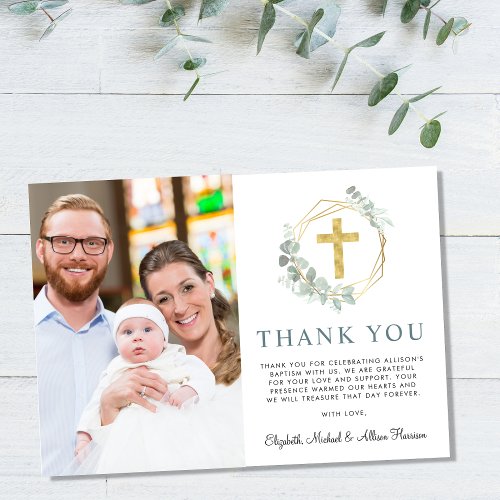 Elegant Gold Cross Eucalyptus Photo Baptism Thank You Card