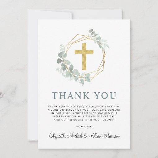 Elegant Gold Cross Eucalyptus Photo Baptism Thank You Card | Zazzle