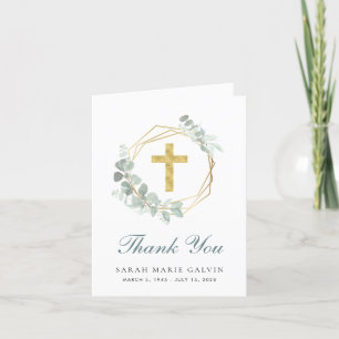 Elegant Gold Cross Eucalyptus Photo Funeral Letterpress Thank You Card