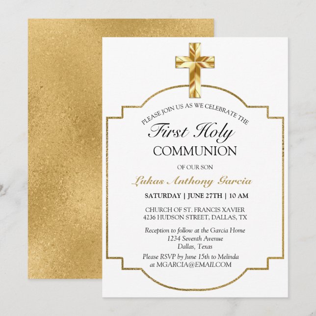 Elegant Gold Cross First Holy Communion Invitation (Front/Back)