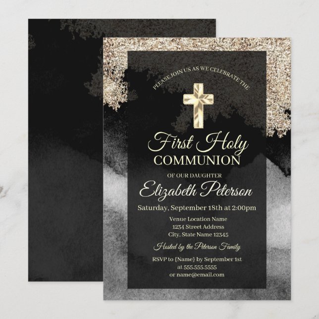 Elegant Gold Cross First Holy Communion  Invitation (Front/Back)