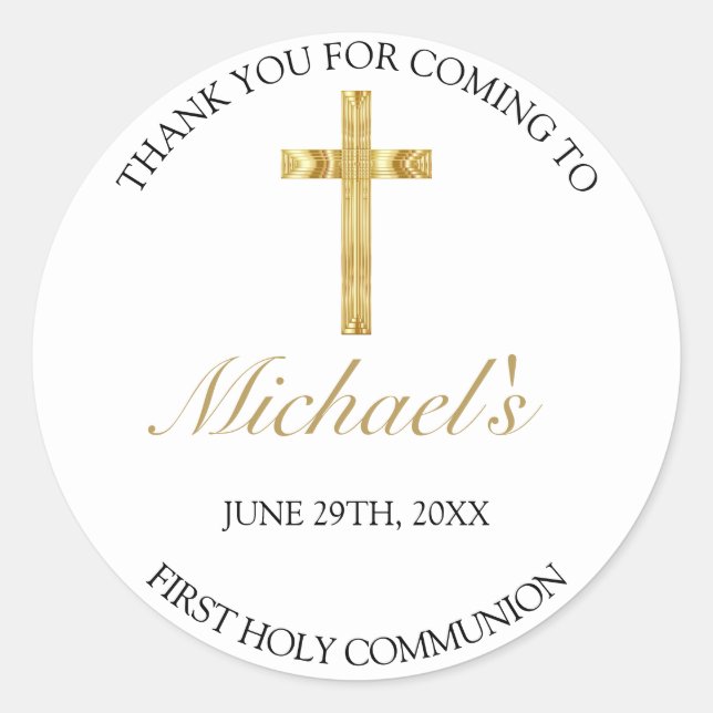 Elegant Gold Cross First Holy Communion Thank You Classic Round Sticker (Front)