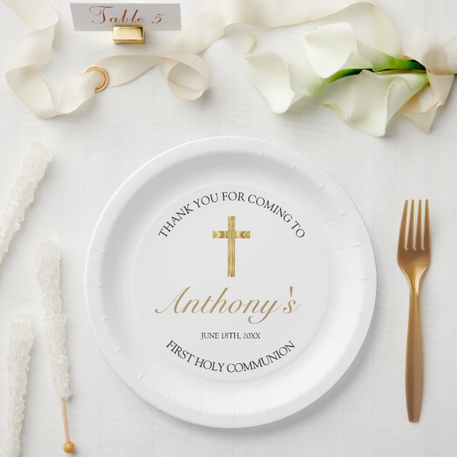 Elegant Gold Cross First Holy Communion Thank You Paper Plates (Wedding)