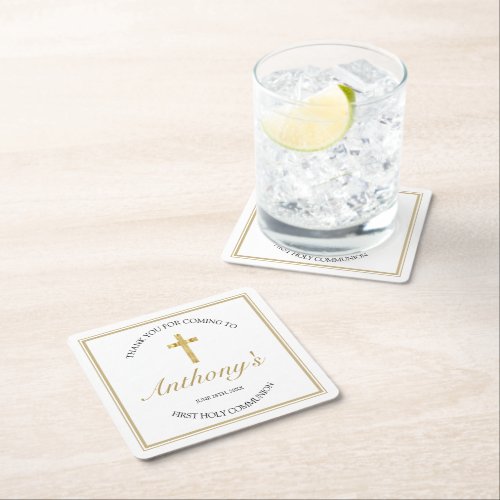 Elegant Gold Cross First Holy Communion White Square Paper Coaster