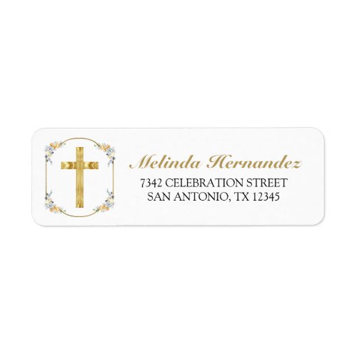 Elegant Gold Cross  Floral 1st Holy Communion Label