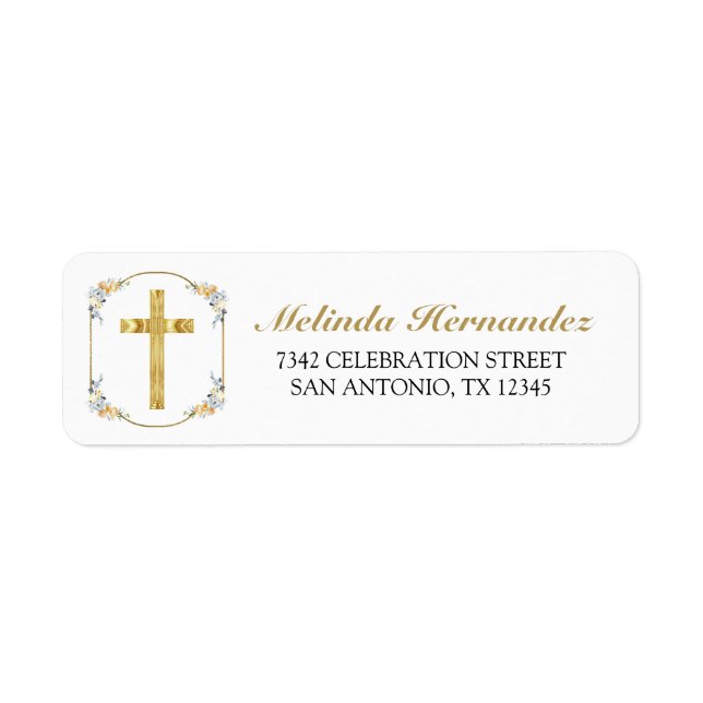 Elegant Gold Cross  Floral 1st Holy Communion Label (Front)