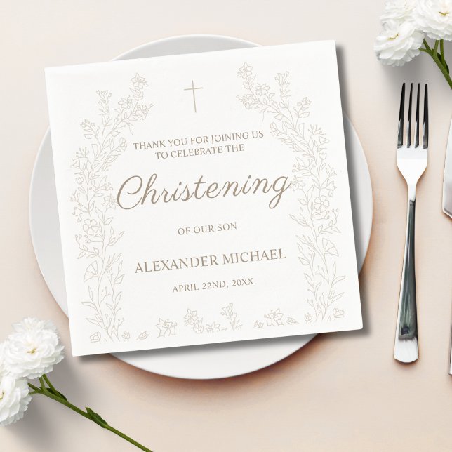 Elegant Gold Cross Floral Christening Baptism Napkins (Creator Uploaded)