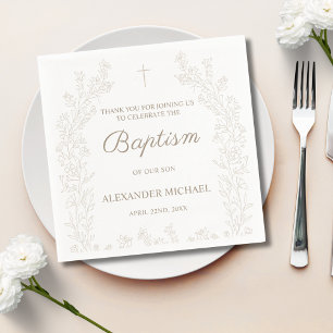 Elegant Gold Cross Floral Christian Baptism Napkins