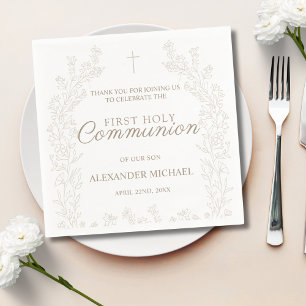 Elegant Gold Cross Floral Christian Baptism Napkins