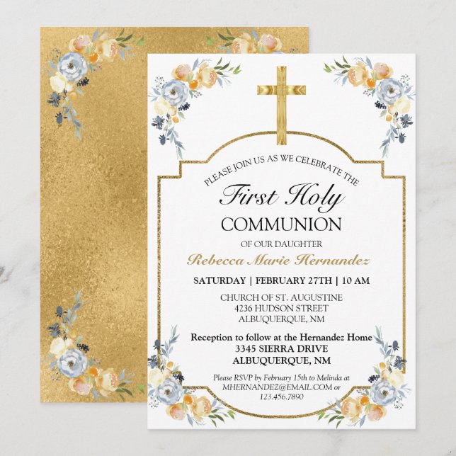 Elegant Gold Cross Floral First Holy Communion Invitation (Front/Back)