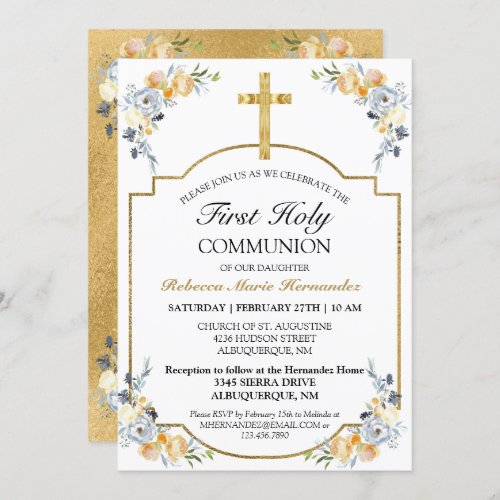 Elegant Gold Cross Floral First Holy Communion Invitation