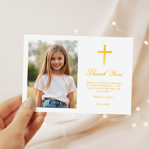 Elegant Gold Cross Girls First Communion Thank You Card