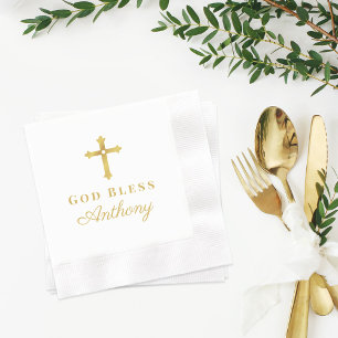 Elegant Gold Cross God Bless Baby Baptism Napkins