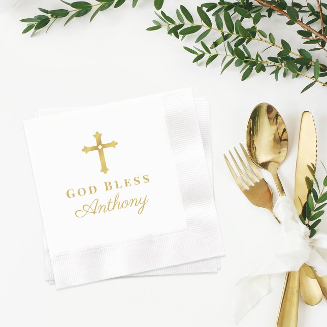 Elegant Gold Cross God Bless Baby Baptism Napkins (Creator Uploaded)