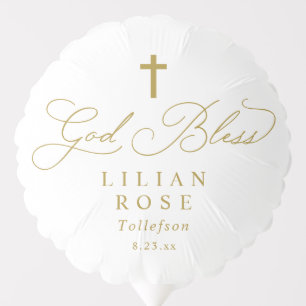 Elegant Gold Cross God Bless Script Photo Baptism Balloon