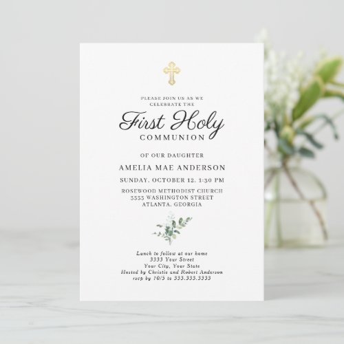 Elegant Gold Cross Greenery First Holy Communion Invitation