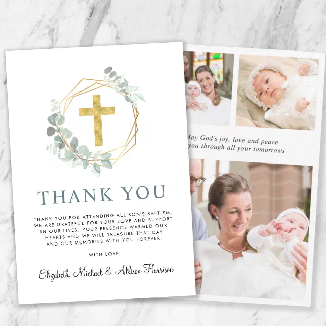 Elegant Gold Cross Greenery Wreath Photo Baptism Thank You Card | Zazzle