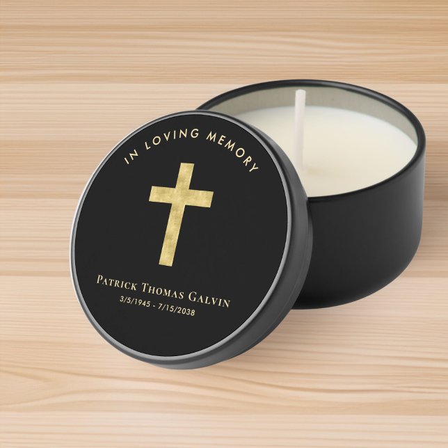 Elegant Gold Cross In Loving Memory Black Memorial Mini Candle Favors (Creator Uploaded)