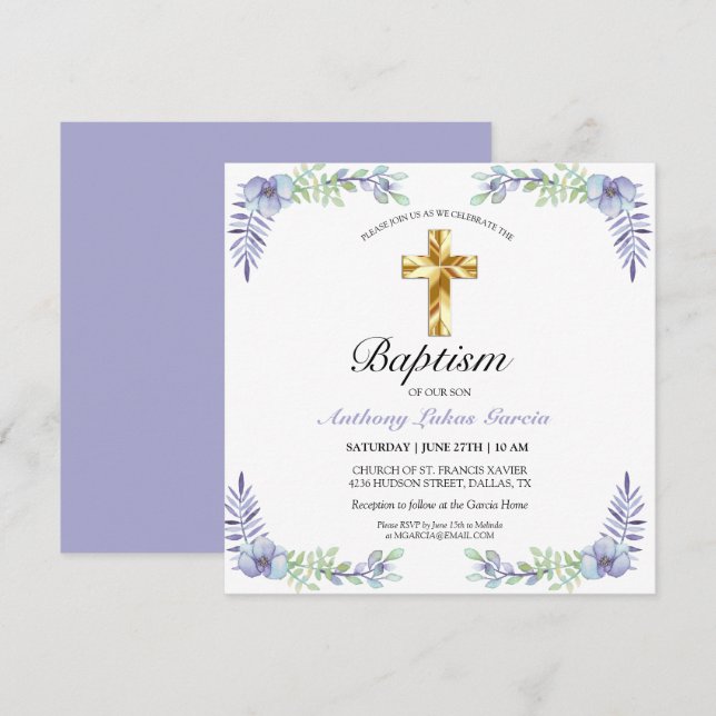 Elegant Gold Cross Lavender Boy Baptism Invitation (Front/Back)