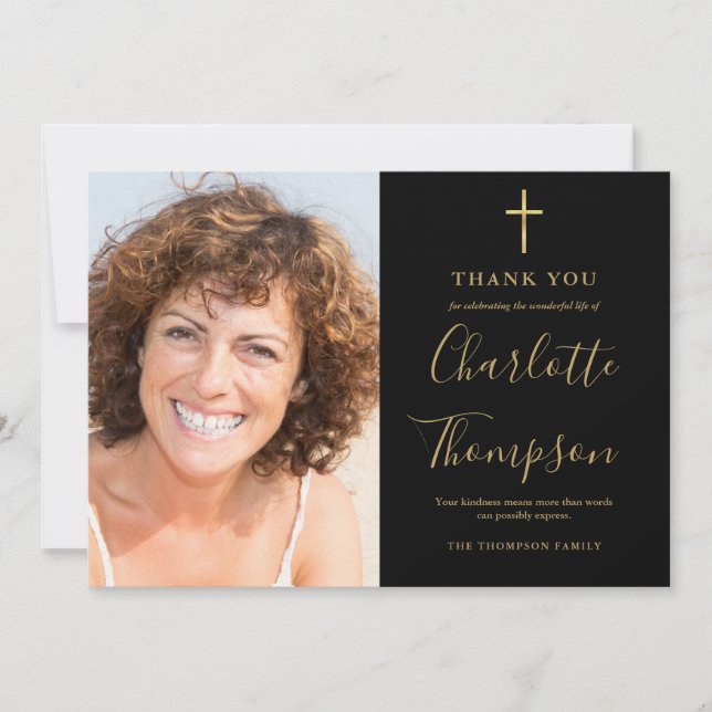 Elegant Gold Cross Memorial Funeral Photo Thank You Card (Front)