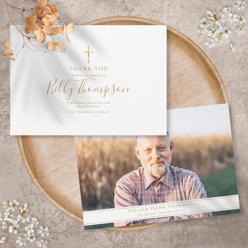 Elegant Gold Cross Memorial Funeral Simple Photo Thank You Card