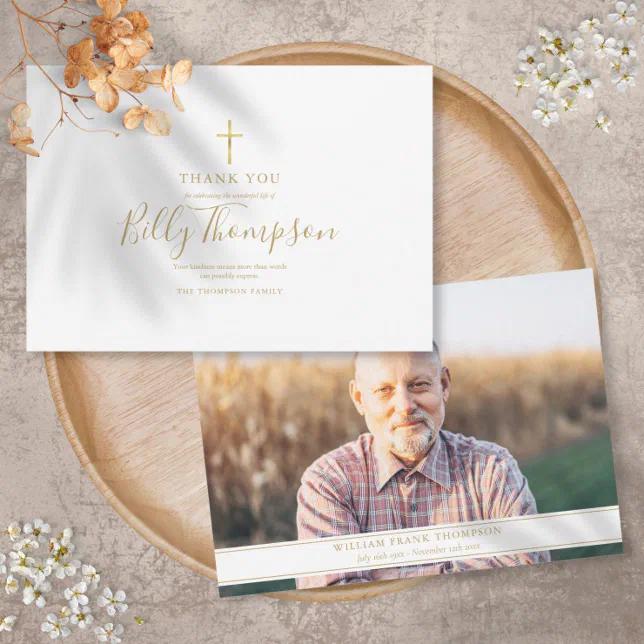 Elegant Gold Cross Memorial Funeral Simple Photo Thank You Card | Zazzle