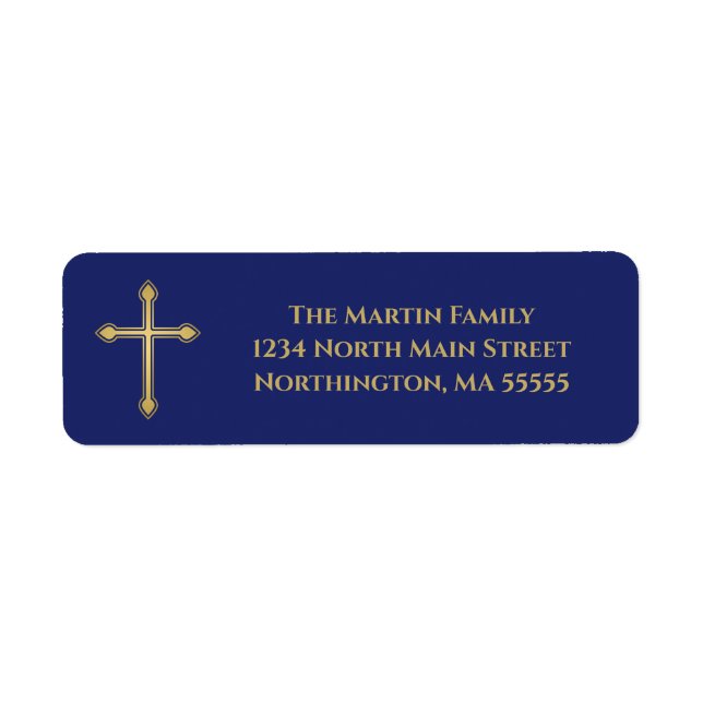 Elegant Gold Cross Navy Blue Return Address Label (Front)