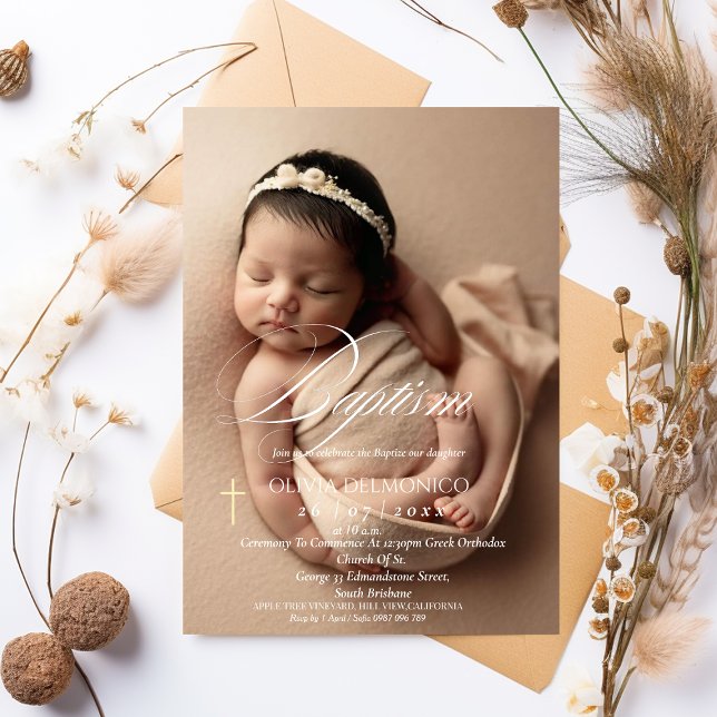 Elegant Gold Cross Overlay Photo Baptism  Invitation (Creator Uploaded)